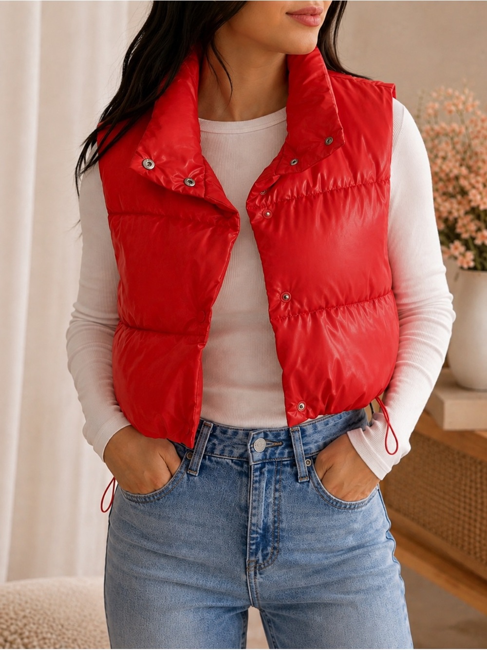 Love tree Crop Puffer Vest - Red